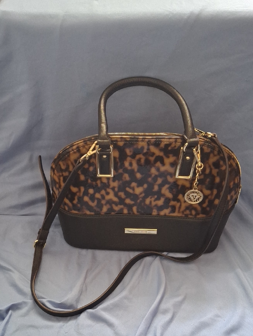 Anne Klein Leopard Print Dome Satchel in Brown and Black